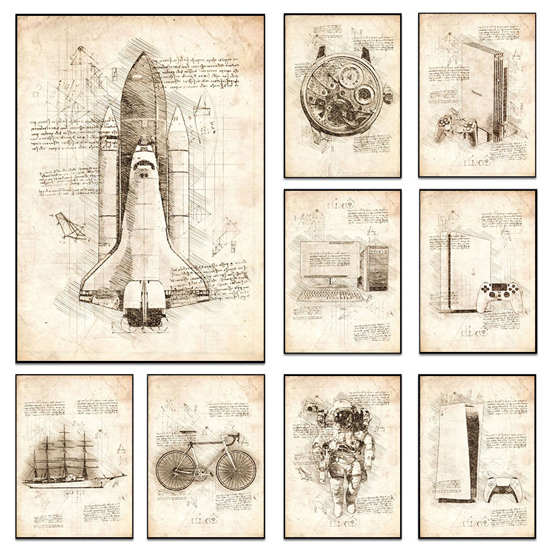 Star Map Poster - 다빈치 인스파이어드 스케치 캔버스 페인팅 포스터